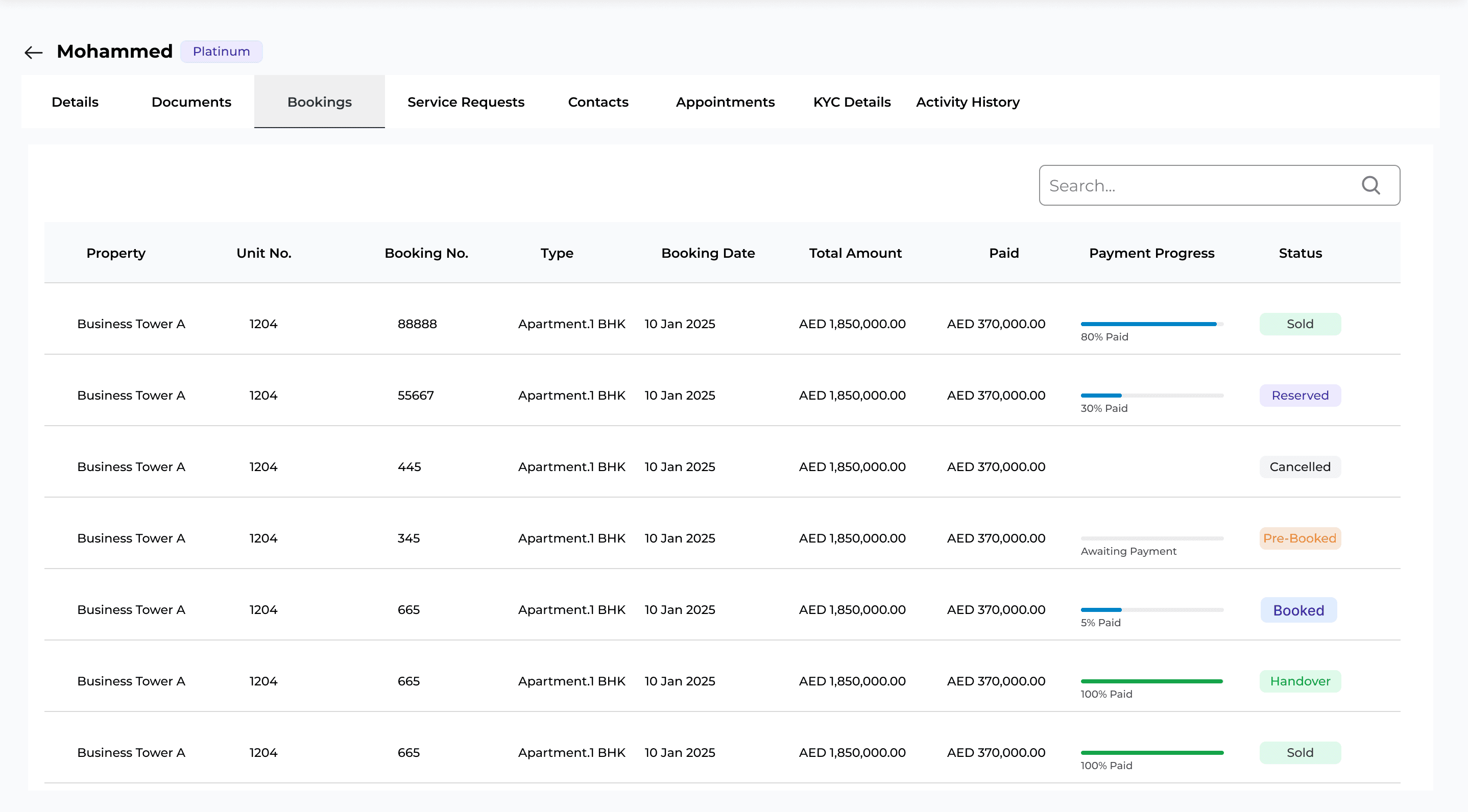 AIZON bookings — unit bookings with amount, payment progress and status